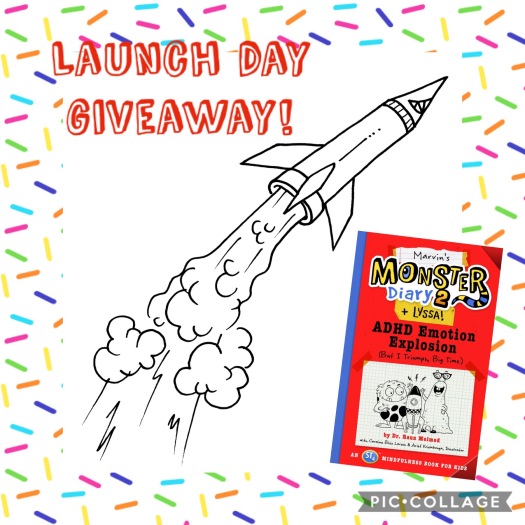 "Launch day giveaway" graphic featuring a cartoon rocket blasting off and the cover of Marvin's Monster Diary 2